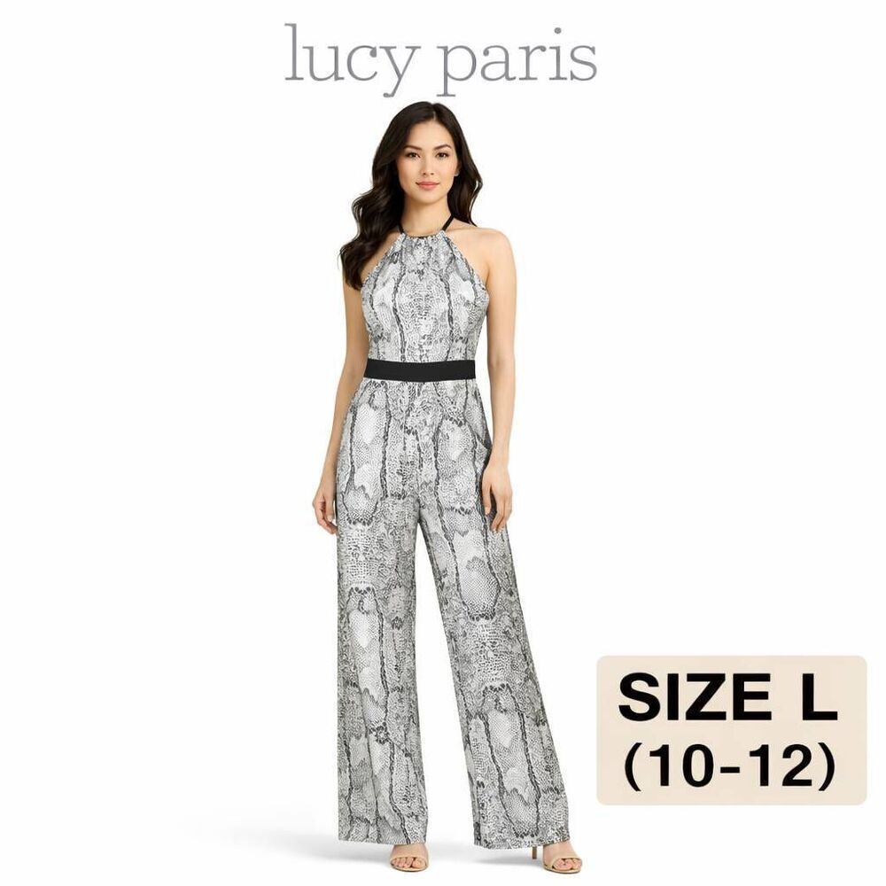 Lucy Paris Snake Print Halter Jumpsuit Wide Leg Black White Womens L